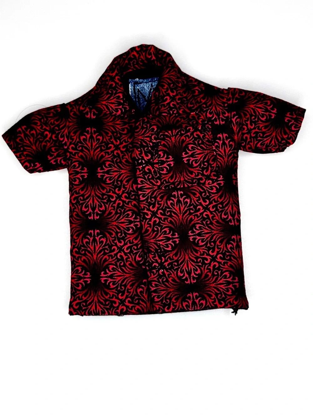 Crimson damask swirl print doll shirt lined in black